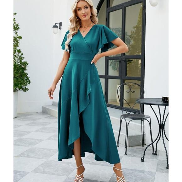 Formal Dress Womens Split V Neck Wrap Ruffle Evening Party Cocktail Dress 2XL - Picture 3 of 8